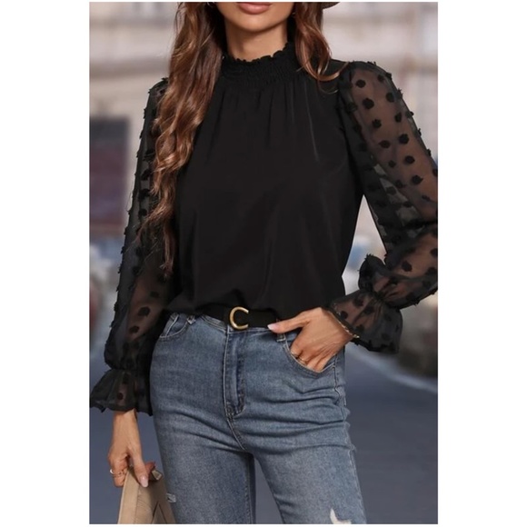 035 Black Swiss Dot Ruffle Sheer Sleeve Blouse - Picture 2 of 3